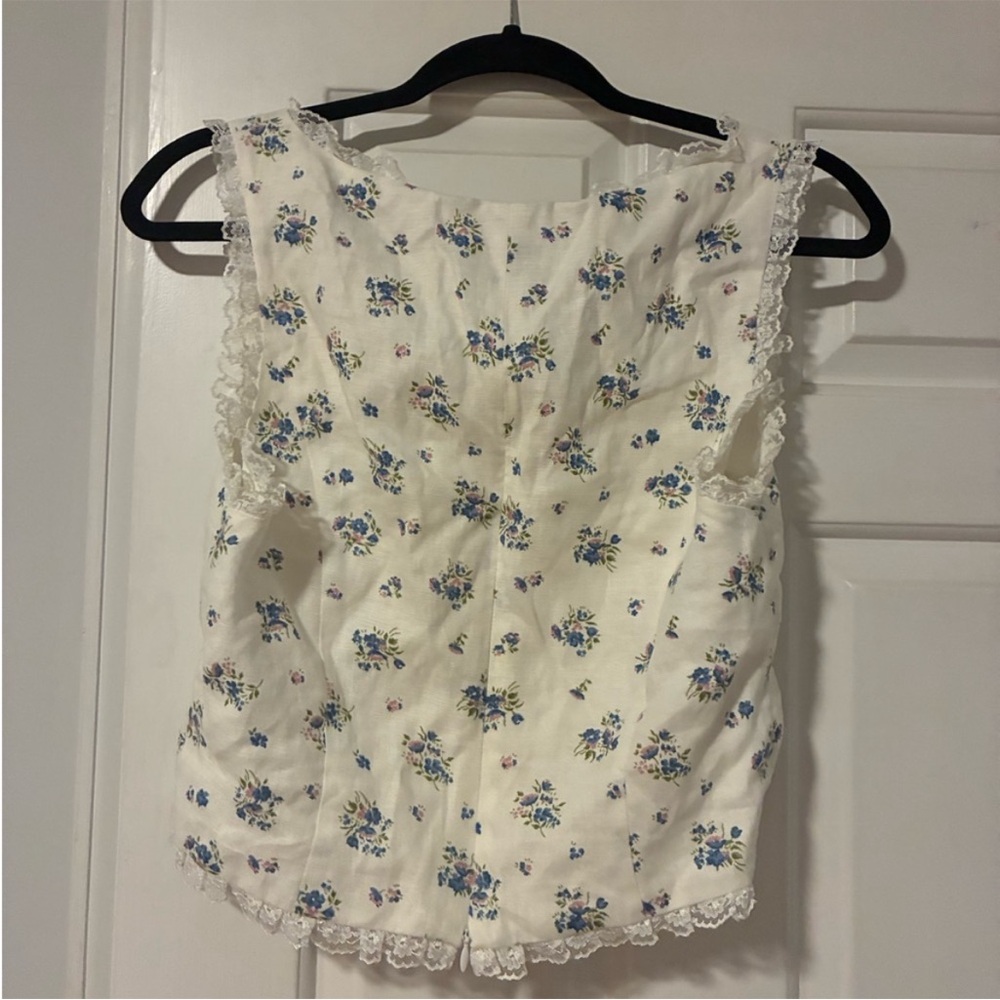 Reformation Cream Floral Lace-Trimmed Camisole with Blue Flowers